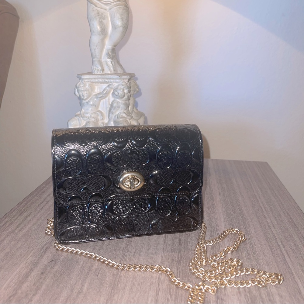 Coach Black Patent Leather Monogram Bowery Mini Crossbody Bag